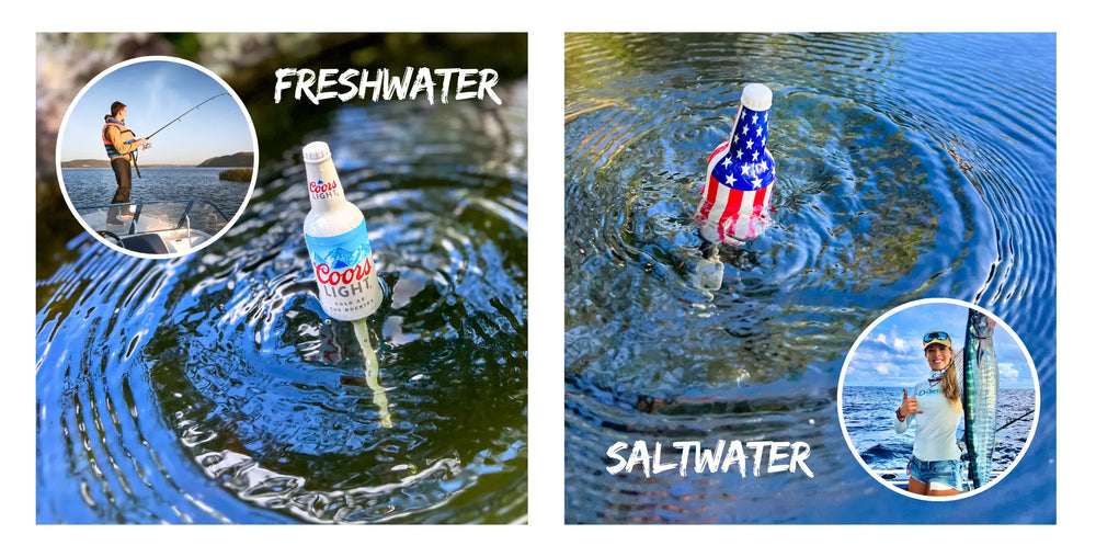 Coors Light Bottle Bobber floating in freshwater on left picture and USA Bobber floating on right