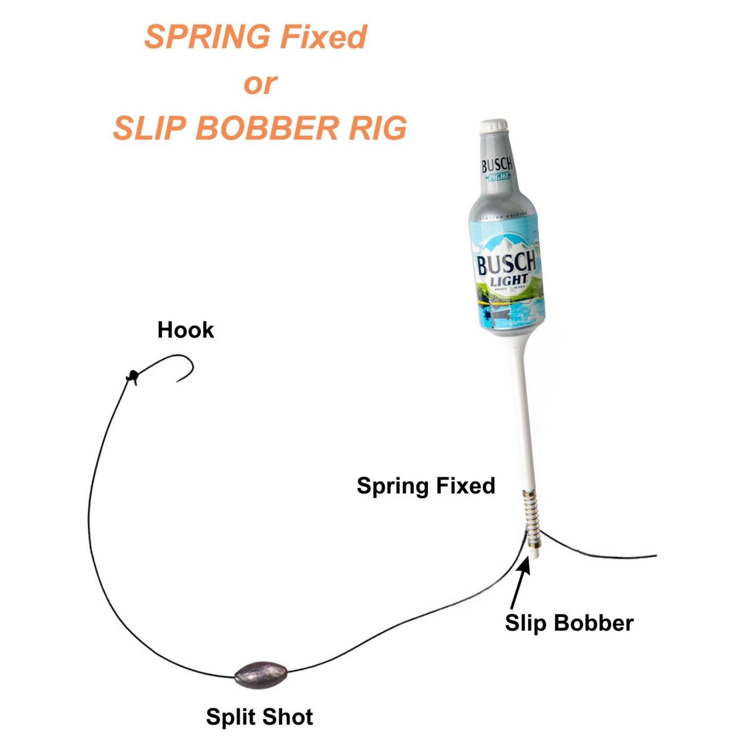 Illustration of Busch Light Beer fishing bobber with line, weight and hook attached