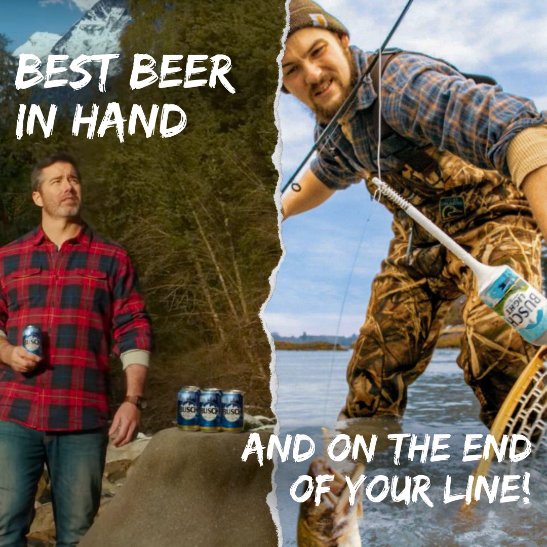 Photo of fisherman holding a busch light beer with his friend catching a trout