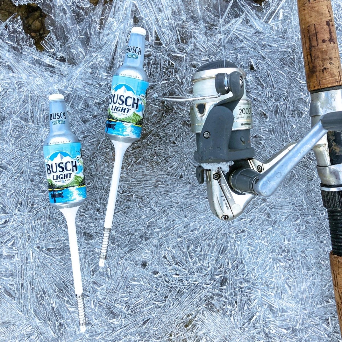 
                  
                    Busch Light Fishing Bobbers and fishing rod set up for a day of fishing
                  
                