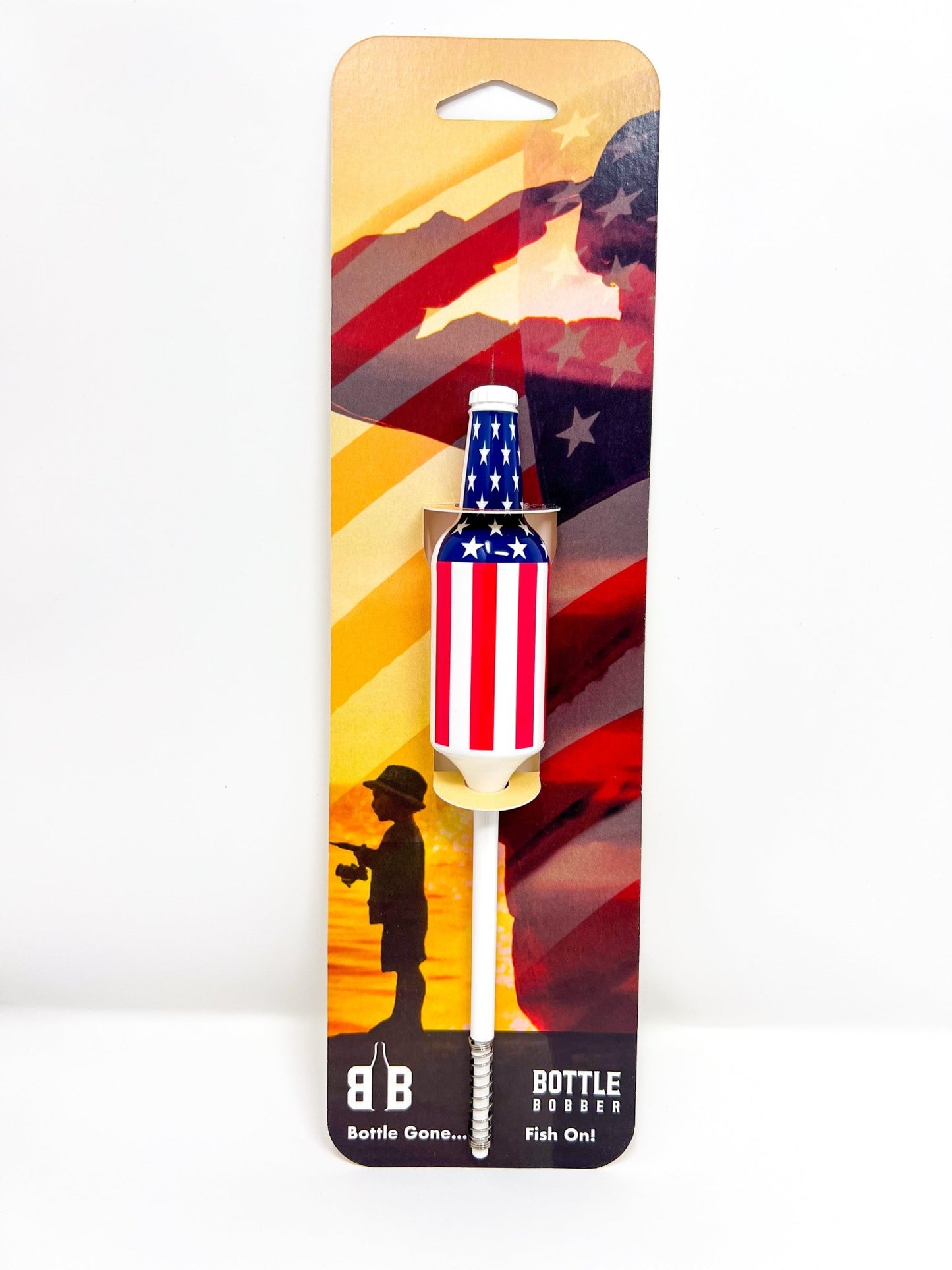 Red and white fishing bobber with a patriotic theme from the Veterans gift pack