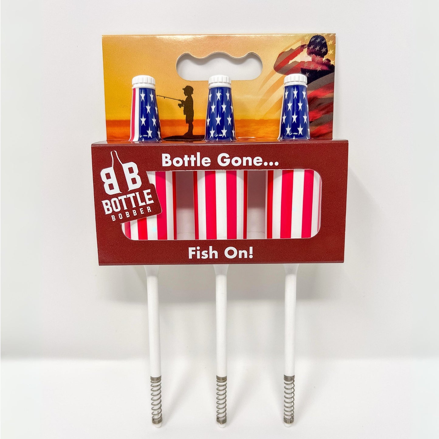 A trio of American Flag Red & White Fishing Bobbers arranged in the package together