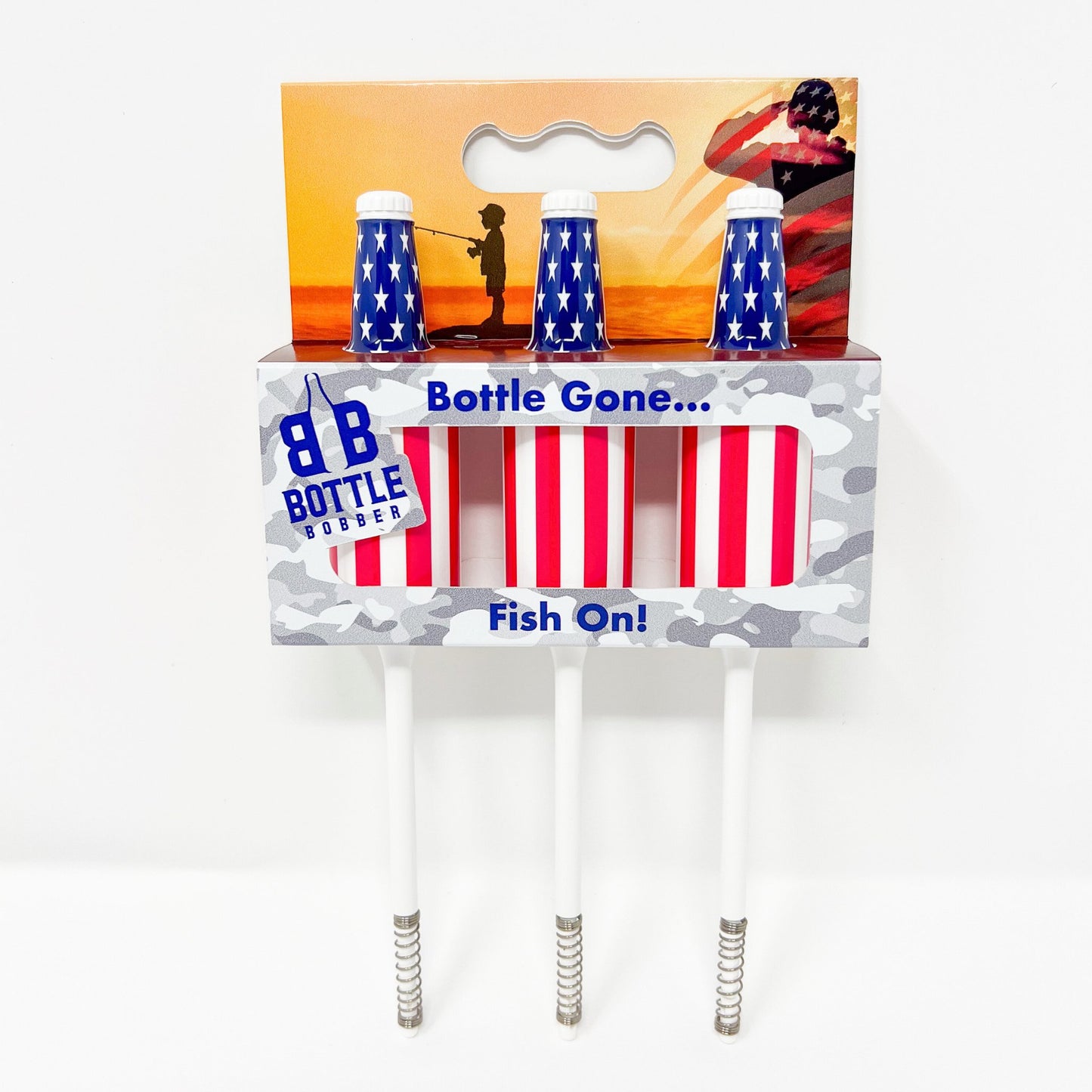 A three-pack of American Flag Prime Fish Bobbers in red, white, and blue colors