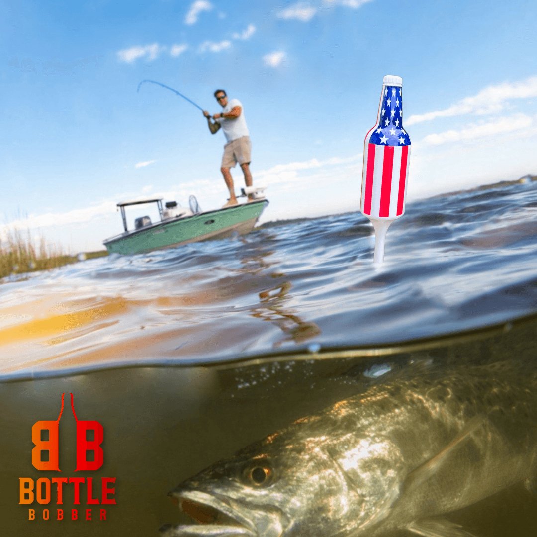 Red and White themed fishing bobber floating on water with trout on the fishing line