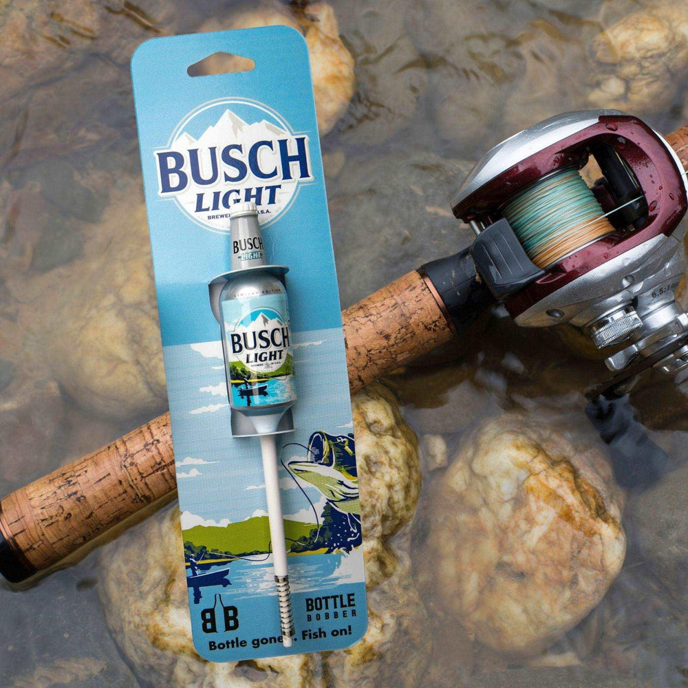 Busch Light Beer branded fishing bobber laying on fishing pole
